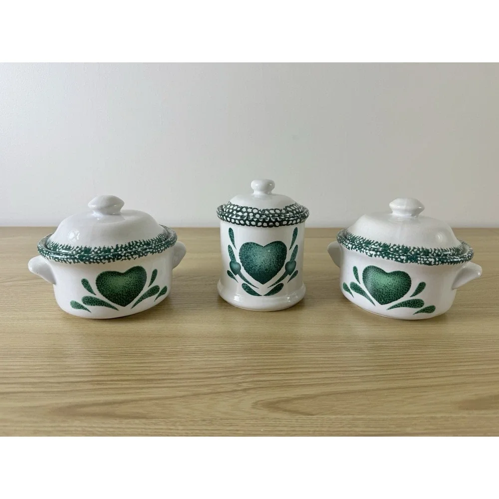 Vintage Green Heart Ceramic Canister Set 3 Spongeware Cottagecore Country 1990s